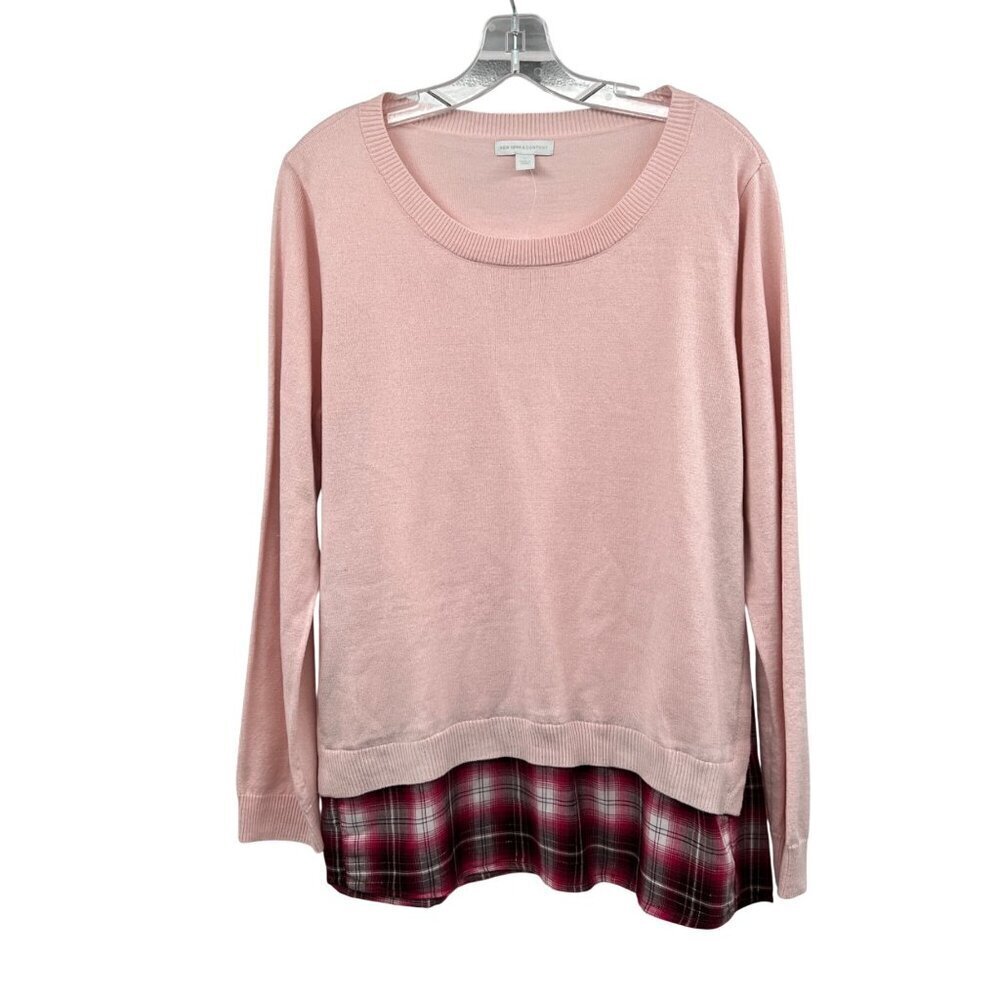 New York & Co Mixed Media Sweater Long Sleeve Pink/Multi Size Large New